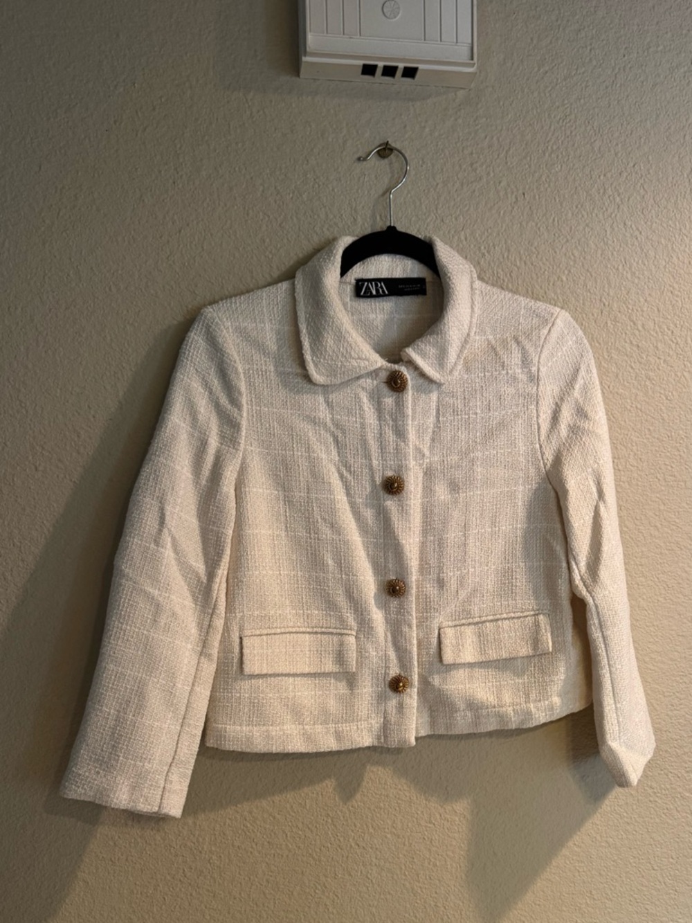 Zara Cream Textured Cropped Jacket Set